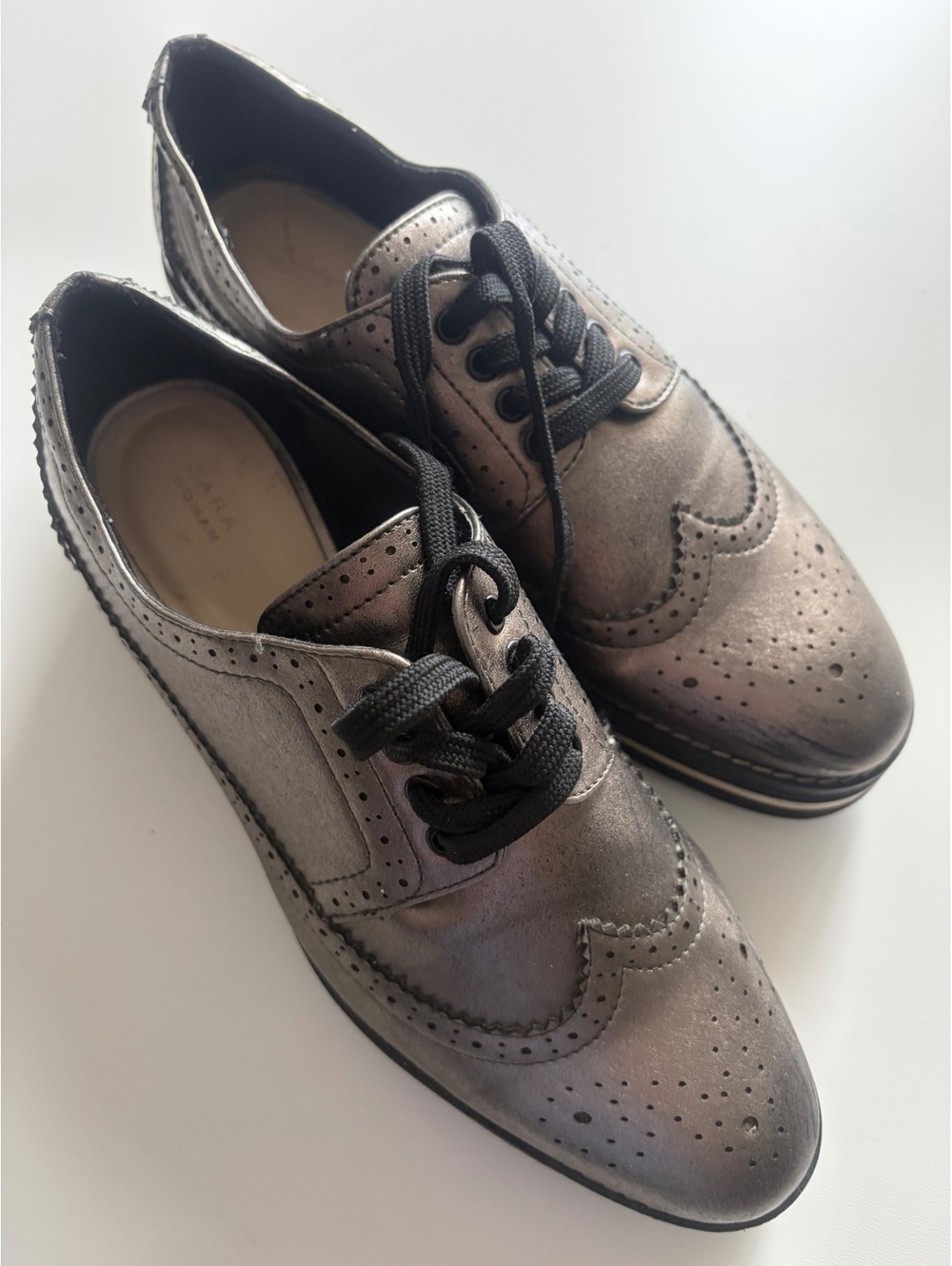 Zara Woman Metallic Silver Platform Brogues Shoes